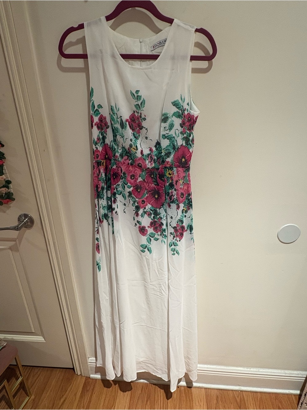 Doris White Maxi Dress with Pink Floral Print